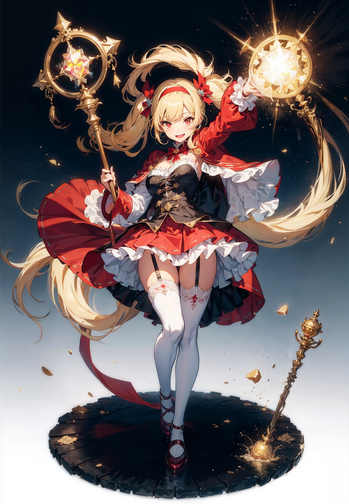 18066-294323733-1girl, solo, long hair, yellow hair, magic circle, thighhighs, staff, hairband, skirt, magic, white thighhighs, full body, looki.png